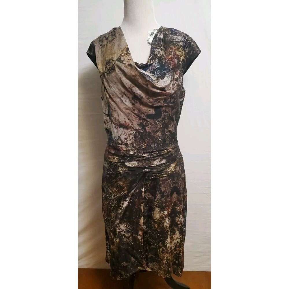HELMUT LANG Silk Abstract Gravel Print Asymmetric-Drape Cowl Faux Wrap Dress 8